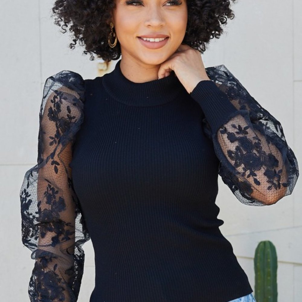 Women's Mock Neck Puff Lace Sleeve Knit Top
